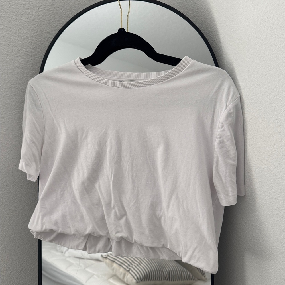 Zara White Ribbed Collar and Elastic Waist Tee